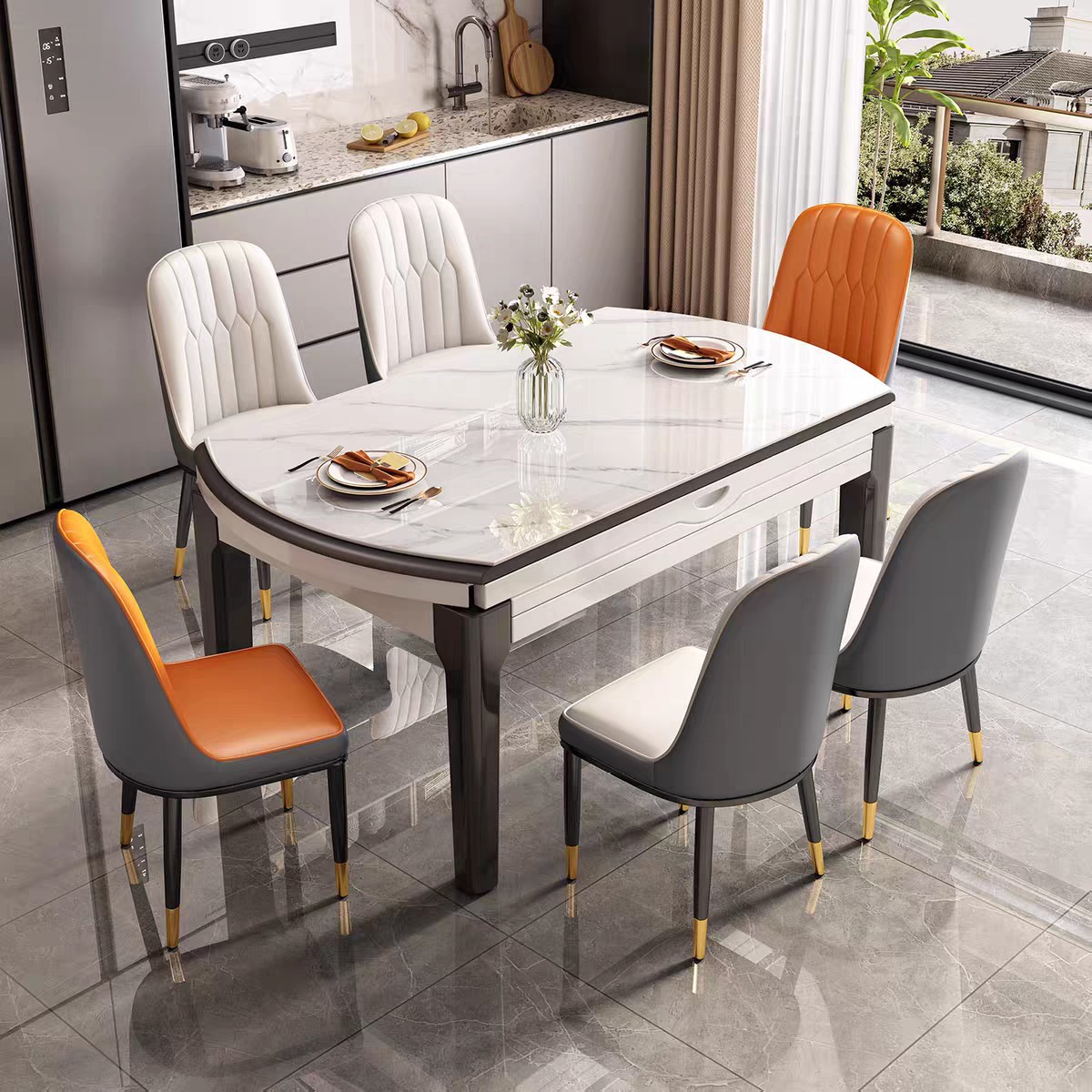 轻奢岩板餐桌椅组合多功能家用小户型旋转桌现代简约折叠伸缩圆桌