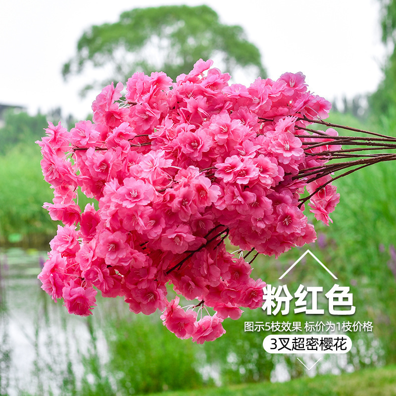 Ramas de Sakura con flores artificiales de tres puntas para decoración de interiores y exteriores en centros comerciales, ramas de flores de seda con enredaderas de cuatro puntas y tallos extendidos.