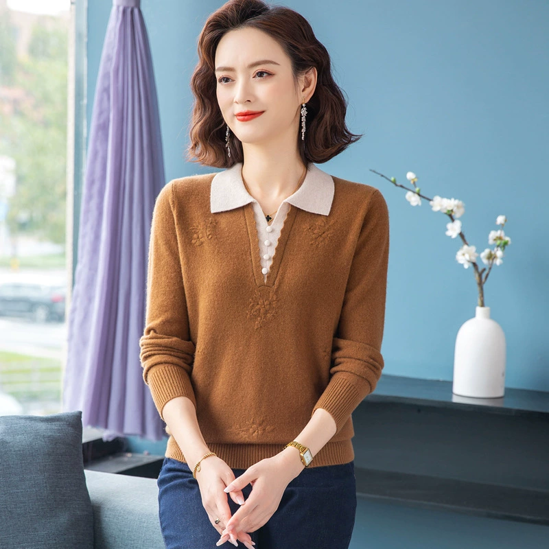 Мама чистая шерстяная зимняя одежда с нижней рубашкой 2024 новая женщина среднего и пожилого возраста благородная леди шерстяной свитер