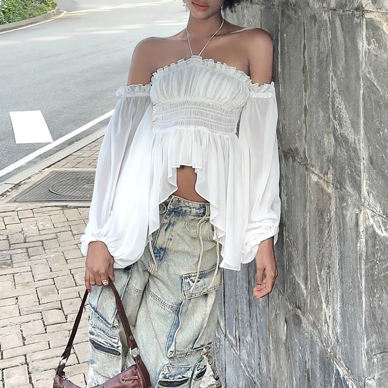 Off-shoulder Pleated Ruffled Slim Fit Lantern Long Sleeve Halter Top Women