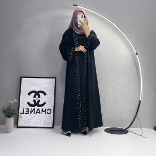 Arabic Turkish Middle Eastern Fashion Elegant Solid Color Beaded Muslim Lace-Up Cardigan Robe