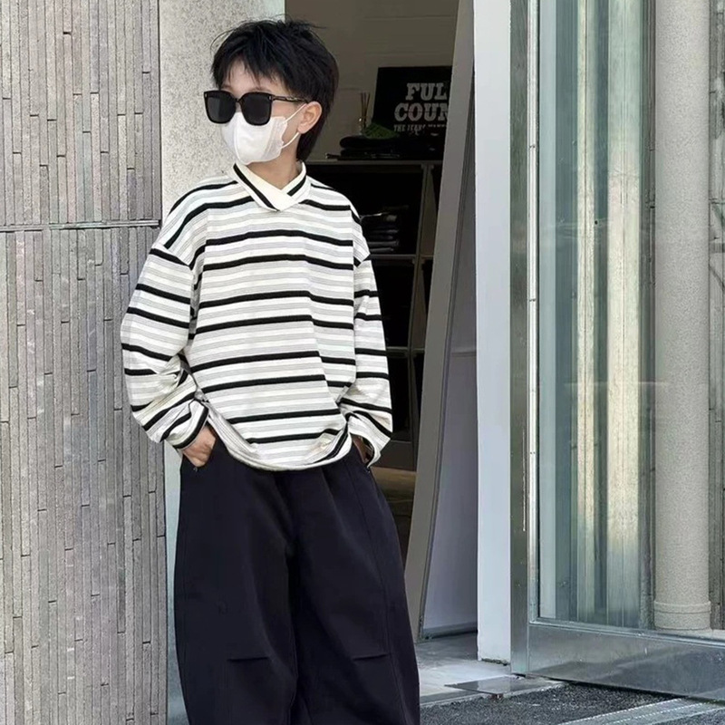 男童春秋美式潮牌百搭条纹长袖T恤2025年新款中小童酷炸洋气上衣|undefined