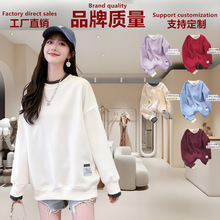 2025新年衣服大红色秋冬加绒卫衣女新款上衣假两件宽松大码女装潮