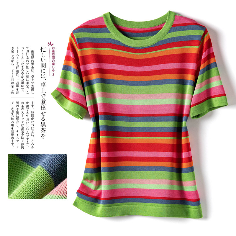 Foreign Trade Export Japanese Vitality Tencel + Silk Color Strip Crewneck Short-sleeved Casual Straight Knit T-shirt for Women