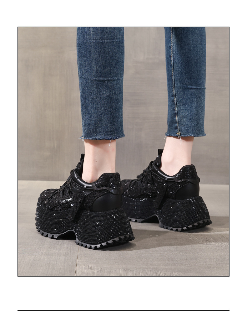 Giày sneaker nữ đế dày tăng chiều cao đính đá lưới thoáng mát — màu đen chi tiết 16