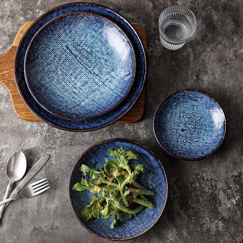 Plato de cerámica creativo, cubiertos de comedor, tela de cerámica transfronteriza, platos occidentales, cubiertos de cerámica azul profundo
