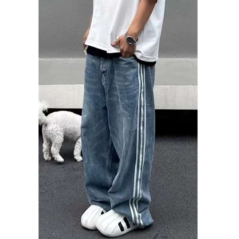 Американские ретро уличные джинсы с тремя брусьями мужские летние свободные повседневные дикие прямые брюки с широкими ногами