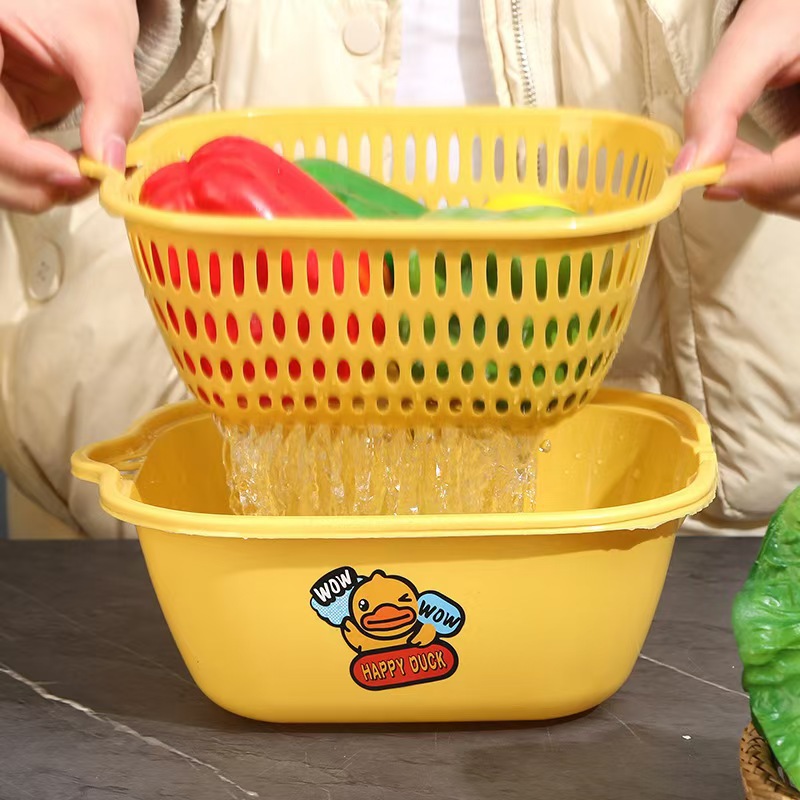 Duas capas de pato amarillo casero cestas de drenaje de agua de frutas y verduras cestas de filtración de agua de cocina almacenamiento de plástico lavabo de verduras logotipo imprimible