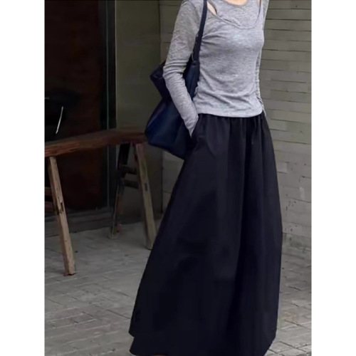 Black flower bud skirt for women in spring and summer new elastic waist covering up slim high waist mid-length long skirt