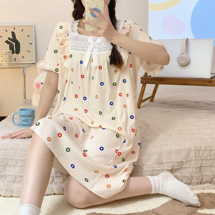 Comercio exterior 2023 camisón de encaje de verano de las mujeres de manga corta de una sola pieza vestido pijamas lindo estudiante Delgado homewear al por mayor