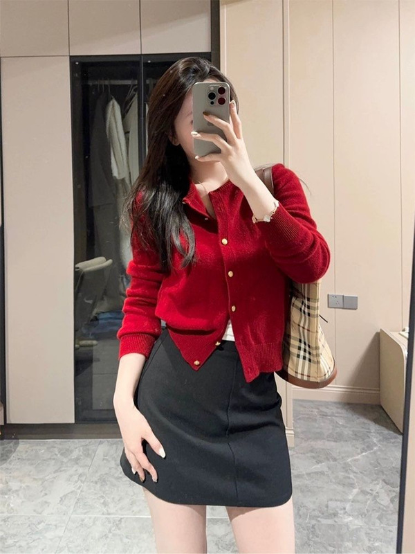安拉红韩系法式复古羊绒加厚开衫毛衣外套女秋冬小个子针织上衣|undefined