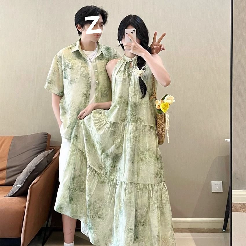 Комплект из двух предметов] Новый наряд для пары в китайском стиле, одна рубашка и одна юбка, летний нишевый дизайн, платье-рубашка с короткими рукавами для мужчин и женщин.