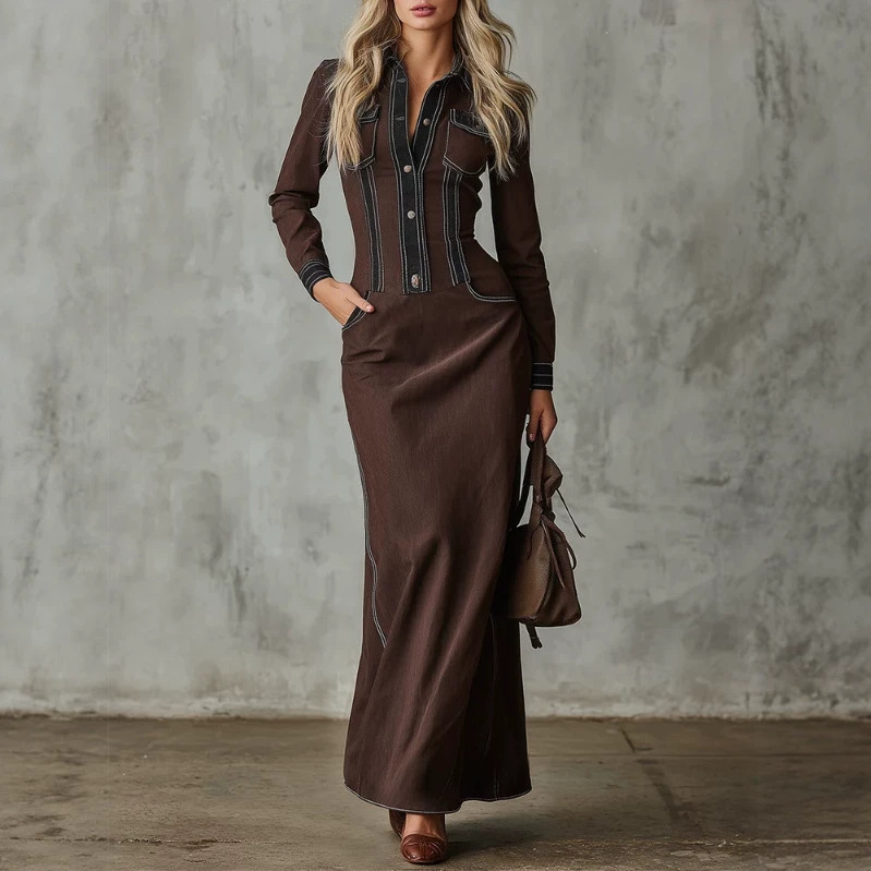 European and American cross-border independent site western retro single-breasted color-blocked long dress European and American cross-border independent site western retro single-breasted color-blocked long dress