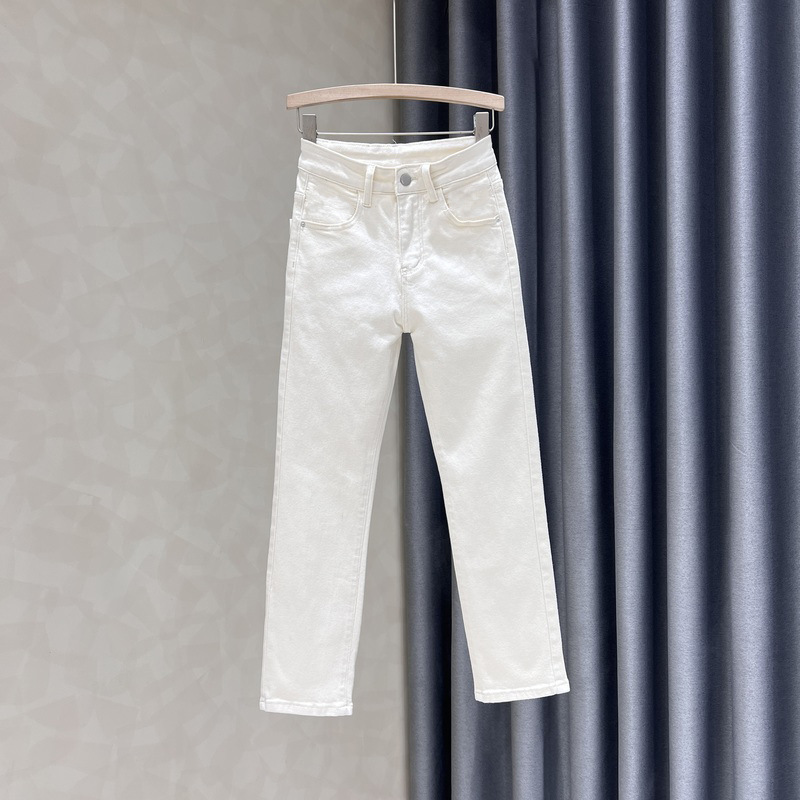 White Straight Slim Look Jeans Women's 2024 Summer Thin Slim-Fit Stretch High Waist Cropped All-Match Pipe Pants