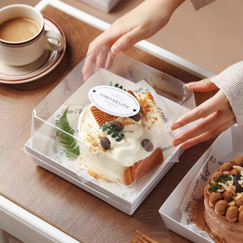 5 pulgadas horneado embalaje de sándwiches caja de mousse caja de embalaje desechable cubierta cuadrada del cielo caja de papel de plástico a prueba de niebla