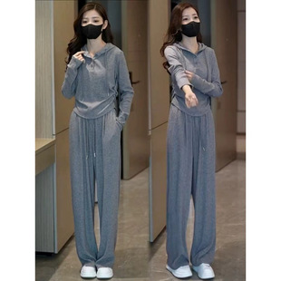 2024 Autumn Breastfeeding Clothes Hooded Sweater High Waist Wide Leg Pants Women's Loose Knitted Sweater Sports Two-piece Set