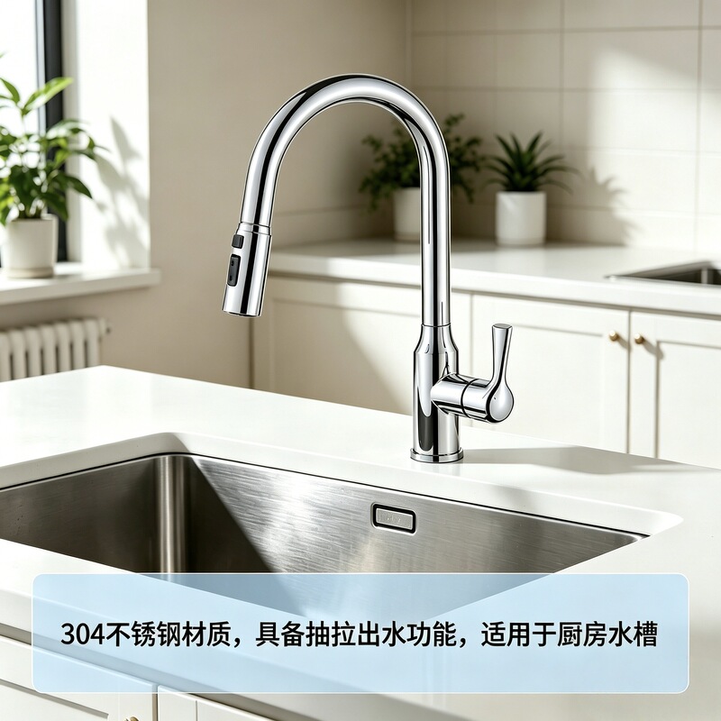 Pull-Out Hot and Cold Water Faucet for Kitchen Sink, Made of 304 Stainless Steel, Suitable for Home Kitchen Sinks, Export