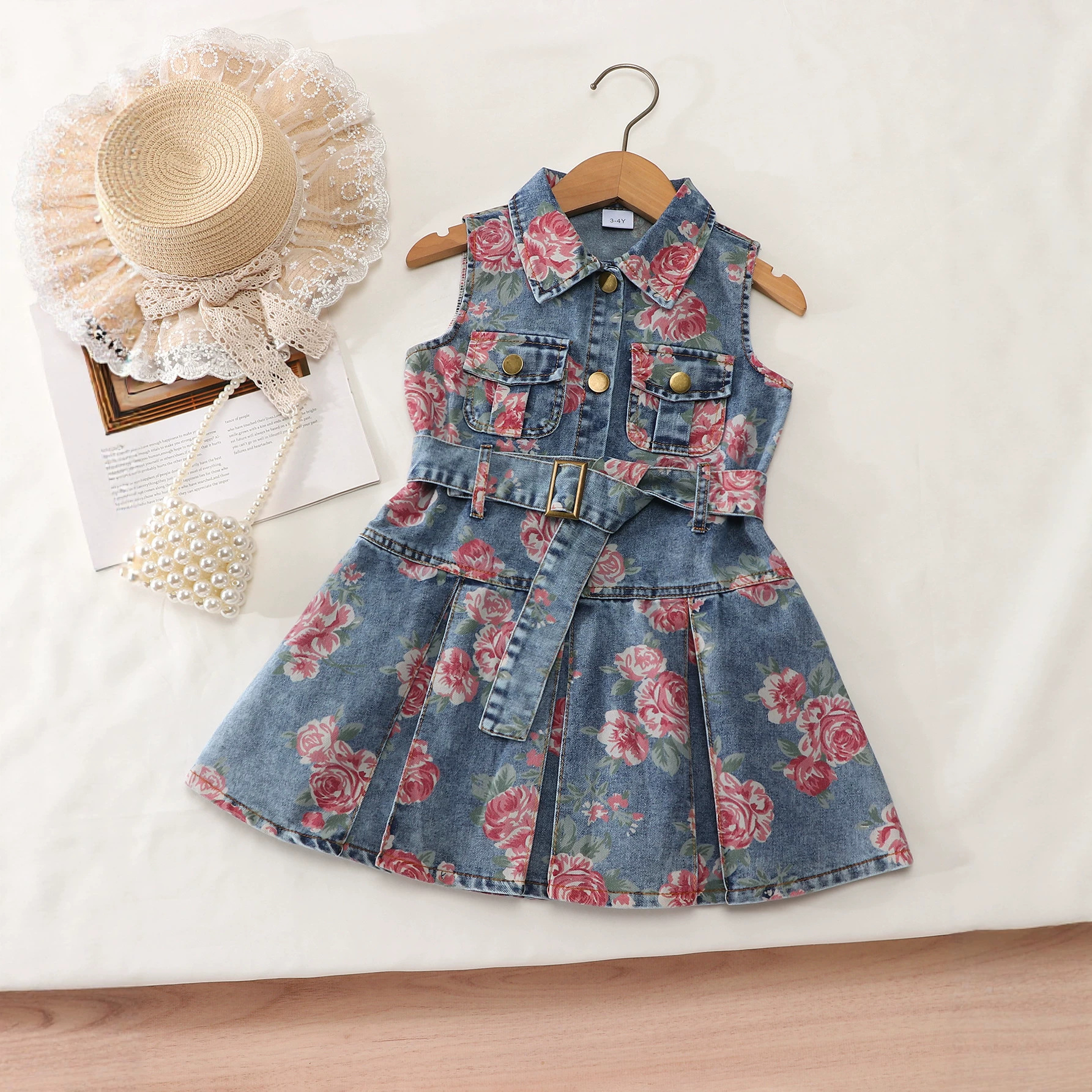 Cross-border summer girls' denim dress, sleeveless stylish floral print tank dress, fashionable and trendy children's dress