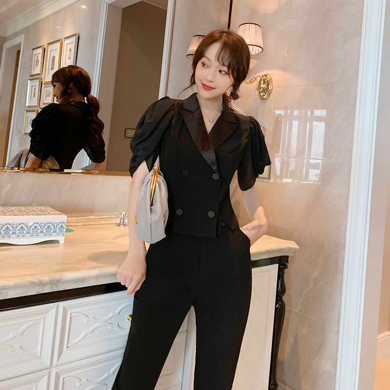 Bộ trang phục nữ thần thon eo, phong cách thanh lịch trưởng thành, quần áo hai mảnh công sở mùa hè — Màu đen