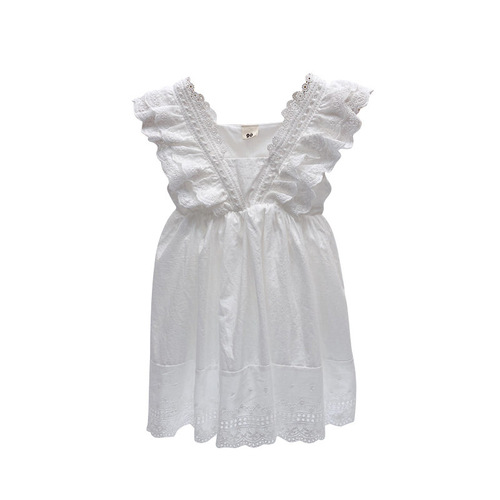  Korean-style girl's summer tank dress, white princess dress with lace trim for little girls