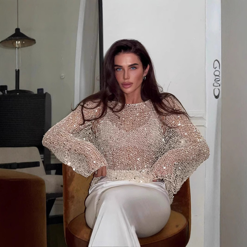 Spring and Summer 2025 Cross-border Foreign Trade New Solid Color Elegant Sequin Hollow Long Sleeve Pullover Sweater