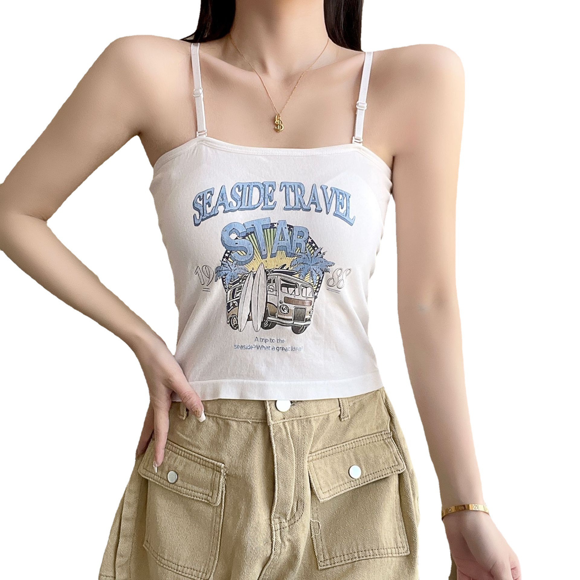Estilo coreano belleza espalda camisola tubo superior de las mujeres taza fija chica caliente desgaste interior y exterior correa de hombro ajustable camisola