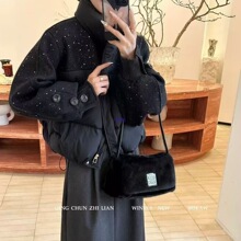 欧货毛呢拼接亮晶晶羽绒棉服女装立领短款小个子棉衣时尚保暖外套