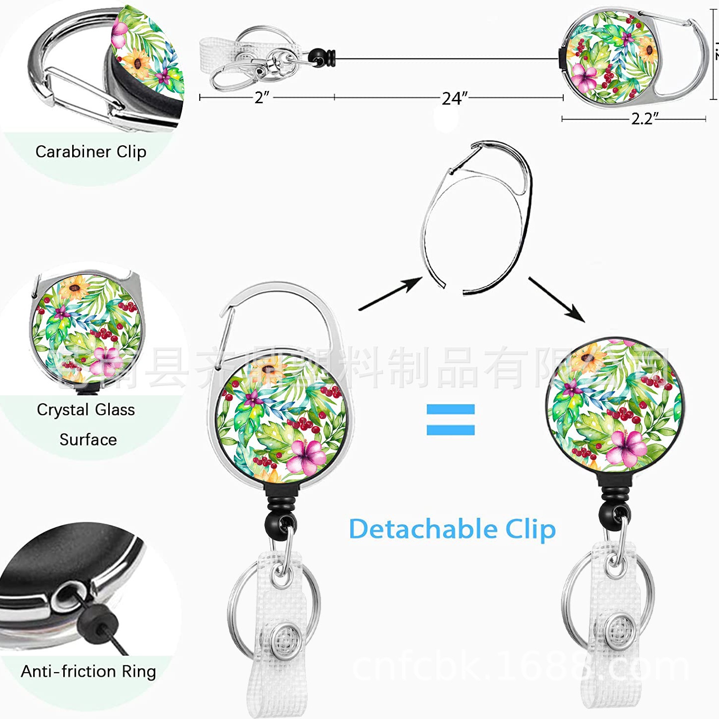 Ronda de aleación de zinc de epoxi arco iris fácil tire hebilla transferencia térmica de poliéster cordón de plumas de pvc titular de la tarjeta de identificación floral
