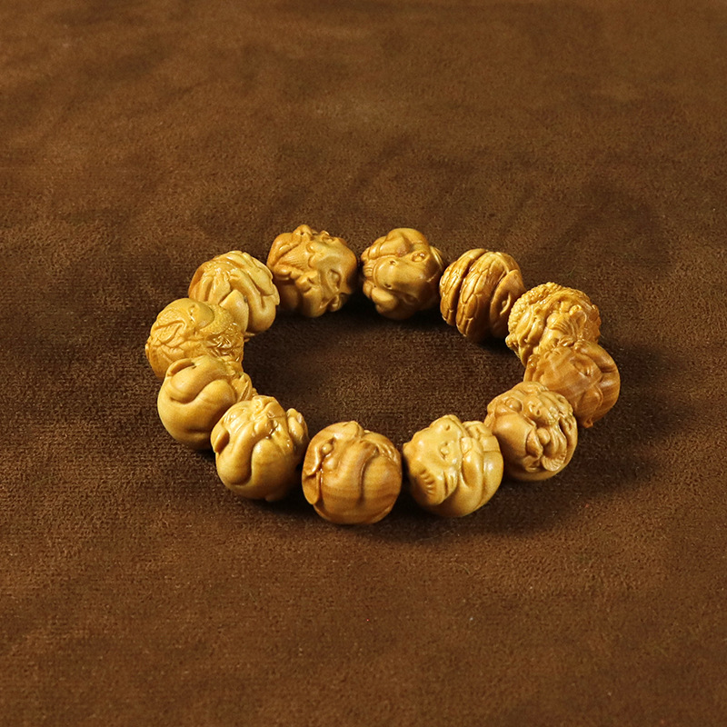Handgeschnitztes Buchsbaum Armband Mit Zwölf Tierkreiszeichen_voghion.com