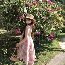 秋夏款度假风盛夏繁花挂脖露背大裙摆晕染碎花度假连衣裙女装