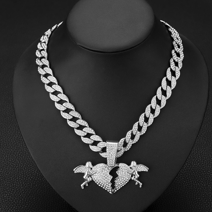 Rhinestones Inlay Material Hip-Hop Angel Heart Shape Alloy Inlay Rhinestones Unisex Pendant Necklace Necklace Pendant Men Pendant Necklaces