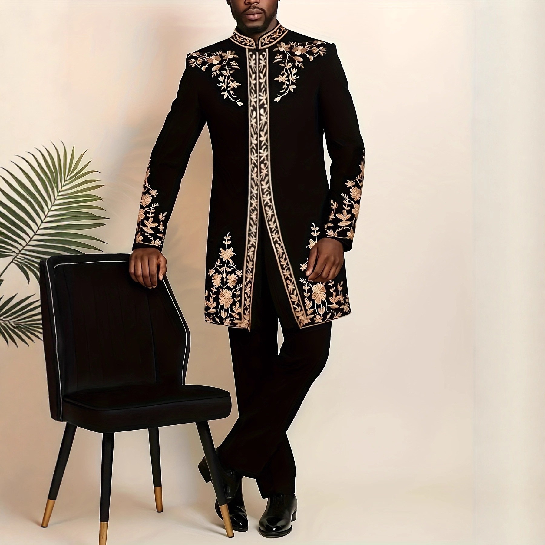 Traje de boda tradicional africano para hombre, conjunto de 2 piezas, cuello redondo, manga larga, top y pantalones, comercio exterior