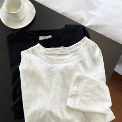 2025春の新型シンプルで快適な竹節綿の長袖tシャツの女性の薄いタイプのカジュアルでゆったりした丸首の白い底のシャツ