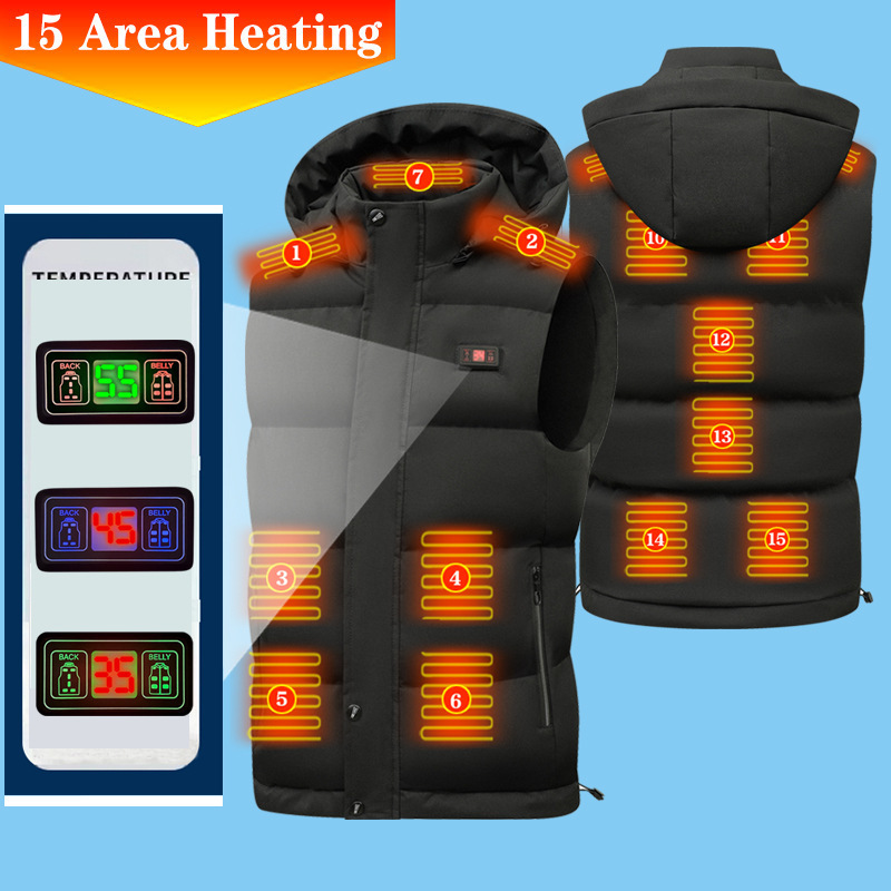 Cross-border winter 15-zone heated vest with USB power, featuring a temperature display and graphene technology – a popular item