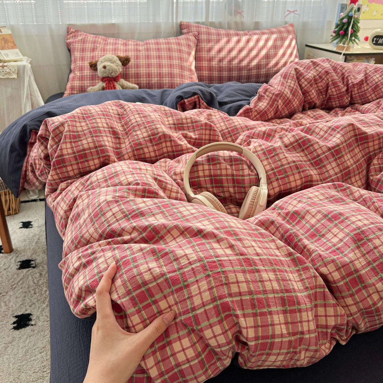 Class a Double-Layer Yarn Soft and Skin-Friendly Washed Cotton Plaid Four-Piece Quilt Cover Bedding Bed Sheetss and Fitted Bed Sheetss Three-Piece Set