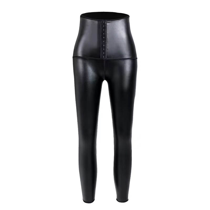 Pantalones de cintura alta abotonados, pantalones de cuero que levantan las caderas sin costuras