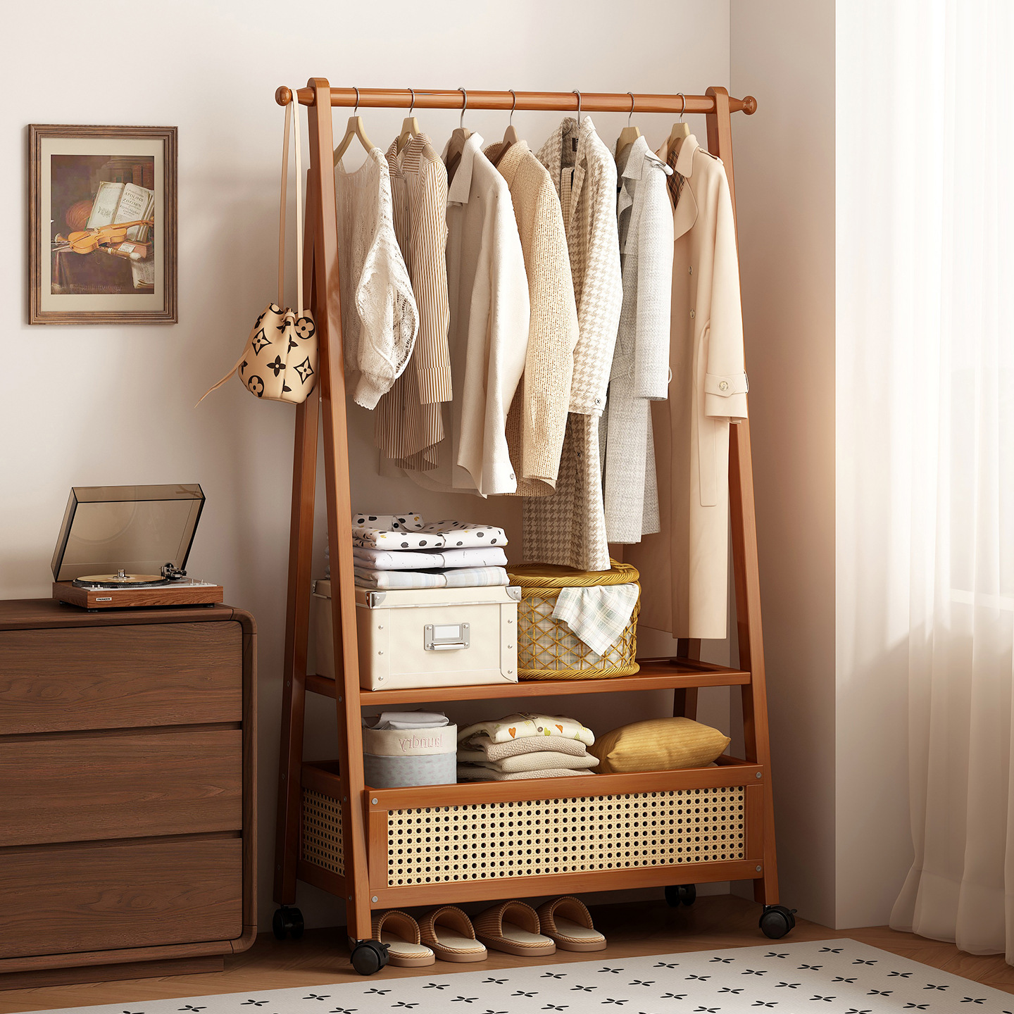 Floor-Standing Coat Rack for Bedroom, Household Clothes Rack, Simple Vintage Clothes Rack, Movable Storage Rack for Clothes