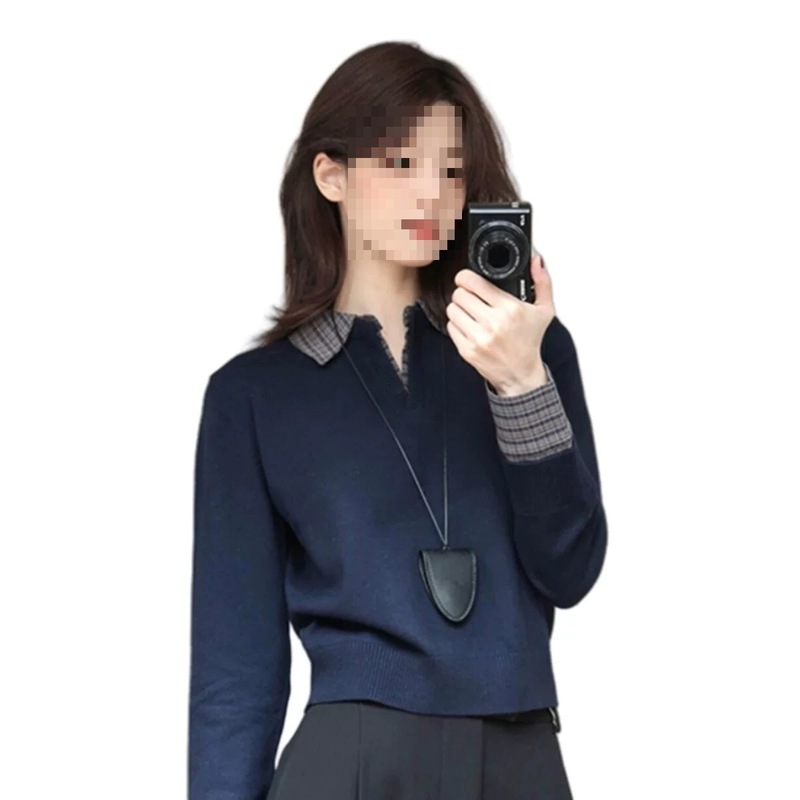藏蓝色翻领拼接假两件修身针织打底衫春装女款年新款韩系上衣|undefined