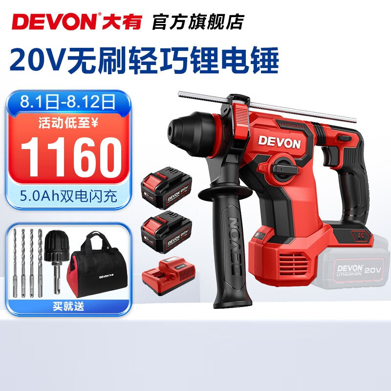 El martillo eléctrico sin escobillas de litio de 20V (Devon) 5408 martillo eléctrico recargable perforador de impacto monitoreo de hormigón