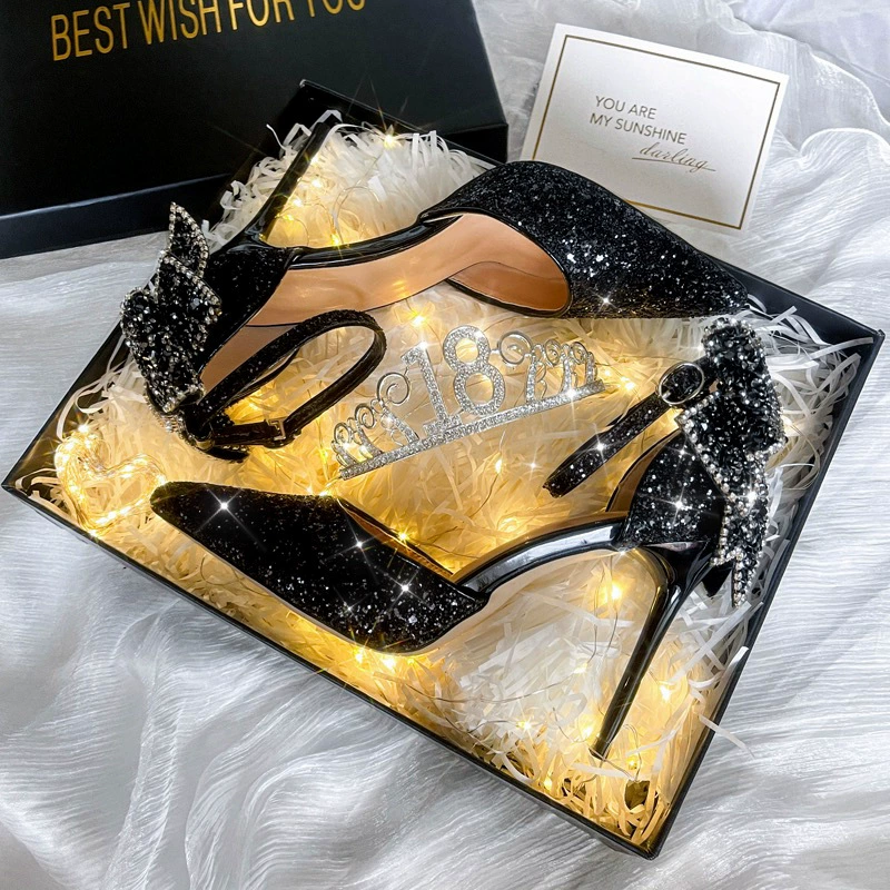 Весенне-осенние мужские свадебные туфли на высоком каблуке с бантом для невесты на высоком каблуке с бантом, женские сандалии на тонком каблуке