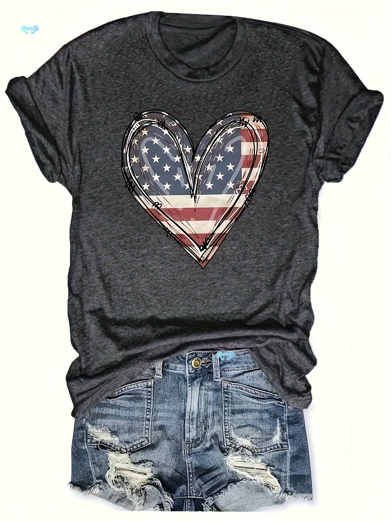 Женская шикарная футболка с буквенным принтом и американским флагом в форме сердца