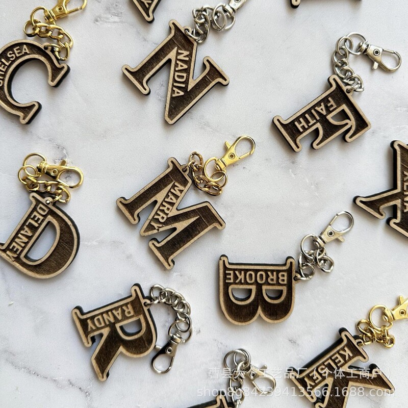 Wooden Carved Letter Keychain Initial Name Keychain School Bag Key Pendant Creative Birthday Gift