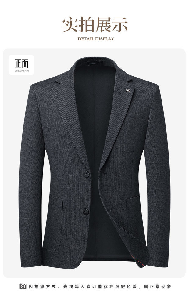 Áo vest nam vải dạ len lông cừu cổ ve nhọn hai cúc dáng ôm dài tay — Màu xanh dương chi tiết 15