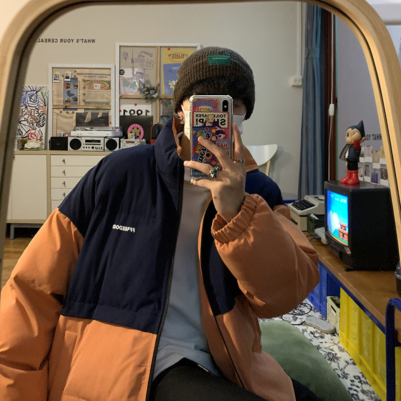 Color a juego abrigo de algodón acolchado de los hombres americano hiphop abrigo de invierno engrosado gran abrigo de algodón acolchado marca de moda mismo abajo abrigo de algodón acolchado