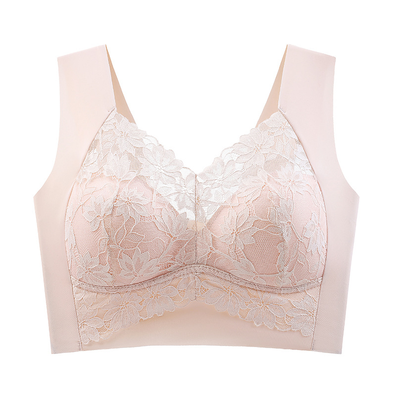 Sujetador sexy de estilo chaleco de encaje trasero con tirantes anchos, copa fija sin anillo de acero, pecho grande, sujetador pequeño