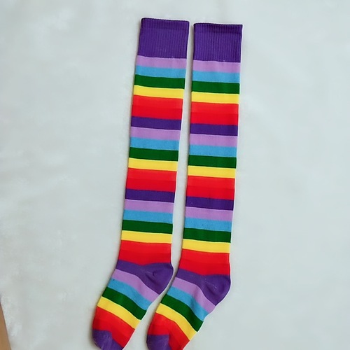 Red colorful socks rainbow striped long knee socks European and American extra long women's red socks Christmas socks high
