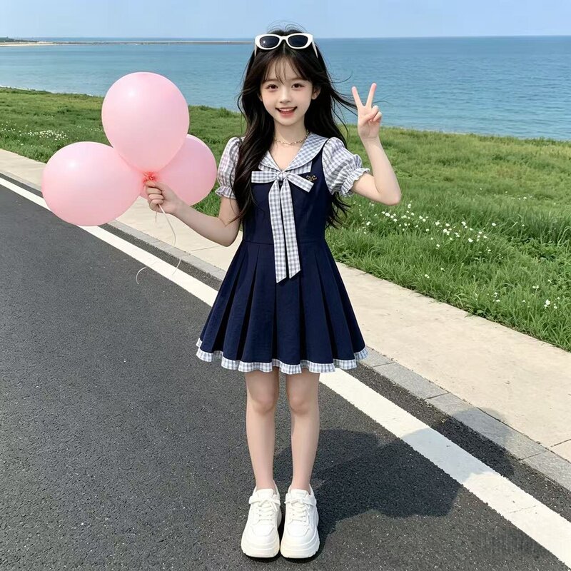 College-Style Navy Blue Fake Two-Piece Plaid Bow Dress for Kidsren, Summer Korean-Style Slim-Fitting Waist-Cinching A-Line Skirt College-Style Navy Blue Fake Two-Piece Plaid Bow Dress for Kidsren, Summer Korean-Style Slim-Fitting Waist-Cinching A-Line Skirt
