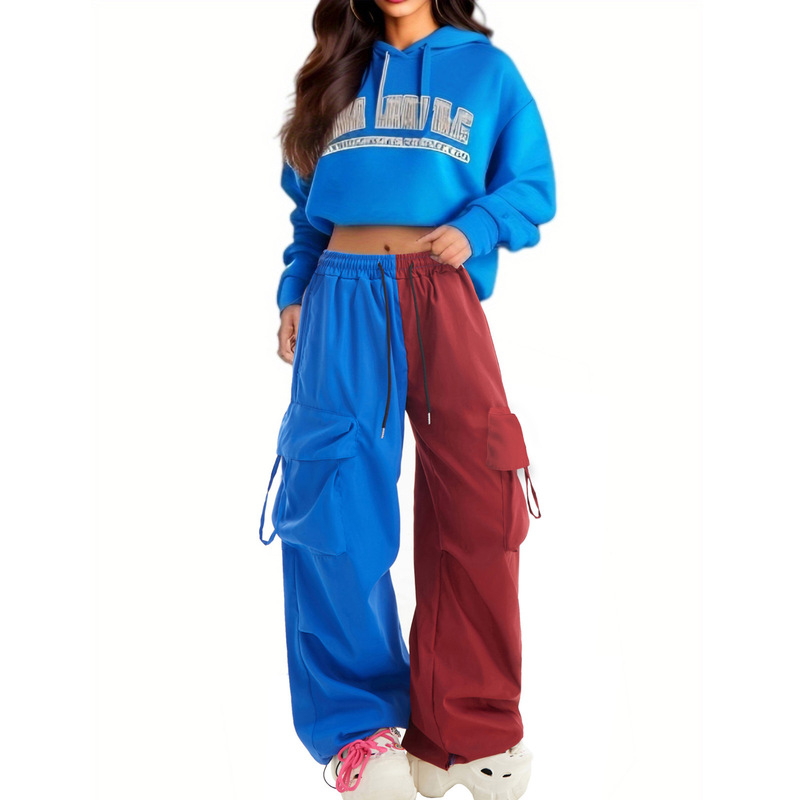 American-style Color-contrast Cockwork Pants Hip-hop Color-matching Fashion Casual Sports Pants Women's Spring Loose Retro Fashionable Wide-leg Pants