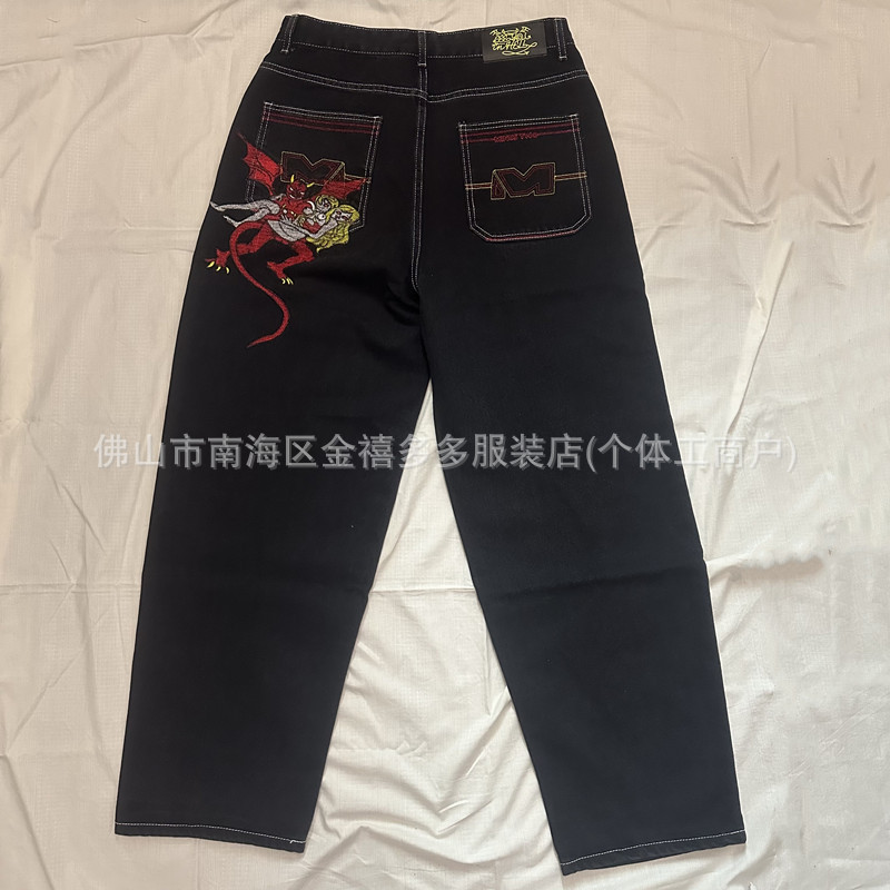 American-style Hip-hop Embroidered Angel Devil Skateboard Denim Trousers Loose High Street Straight Street Wide Leg Trousers for Men