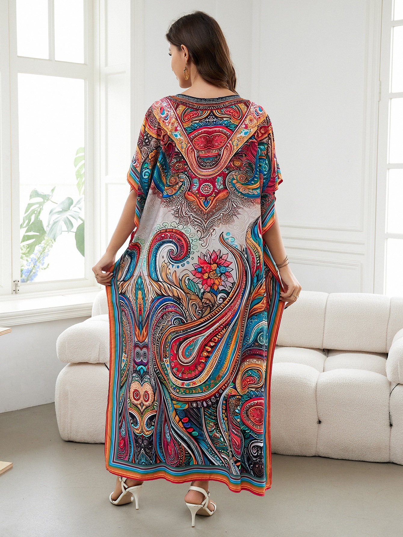 Rochie de plajă lungă kimono dama boho viscoză tie-dye_voghion.com